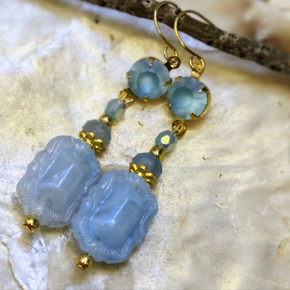 Victorian Milky Blue W/ Glowing Swarovski Crystal In Gold Plated Earrings